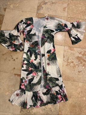 Tropical Floral Ruffled Kimono Dress - White & Green